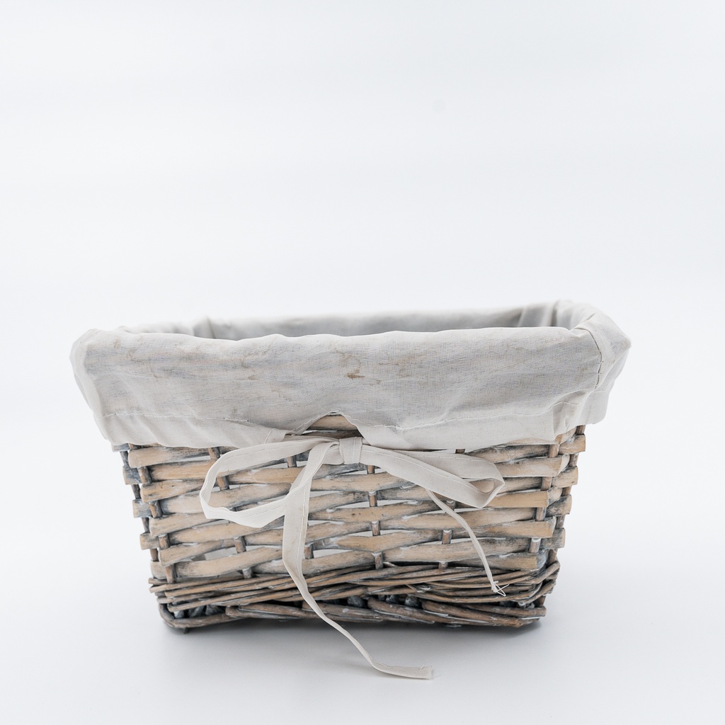 Location Panier en osier et tissus blanc gris