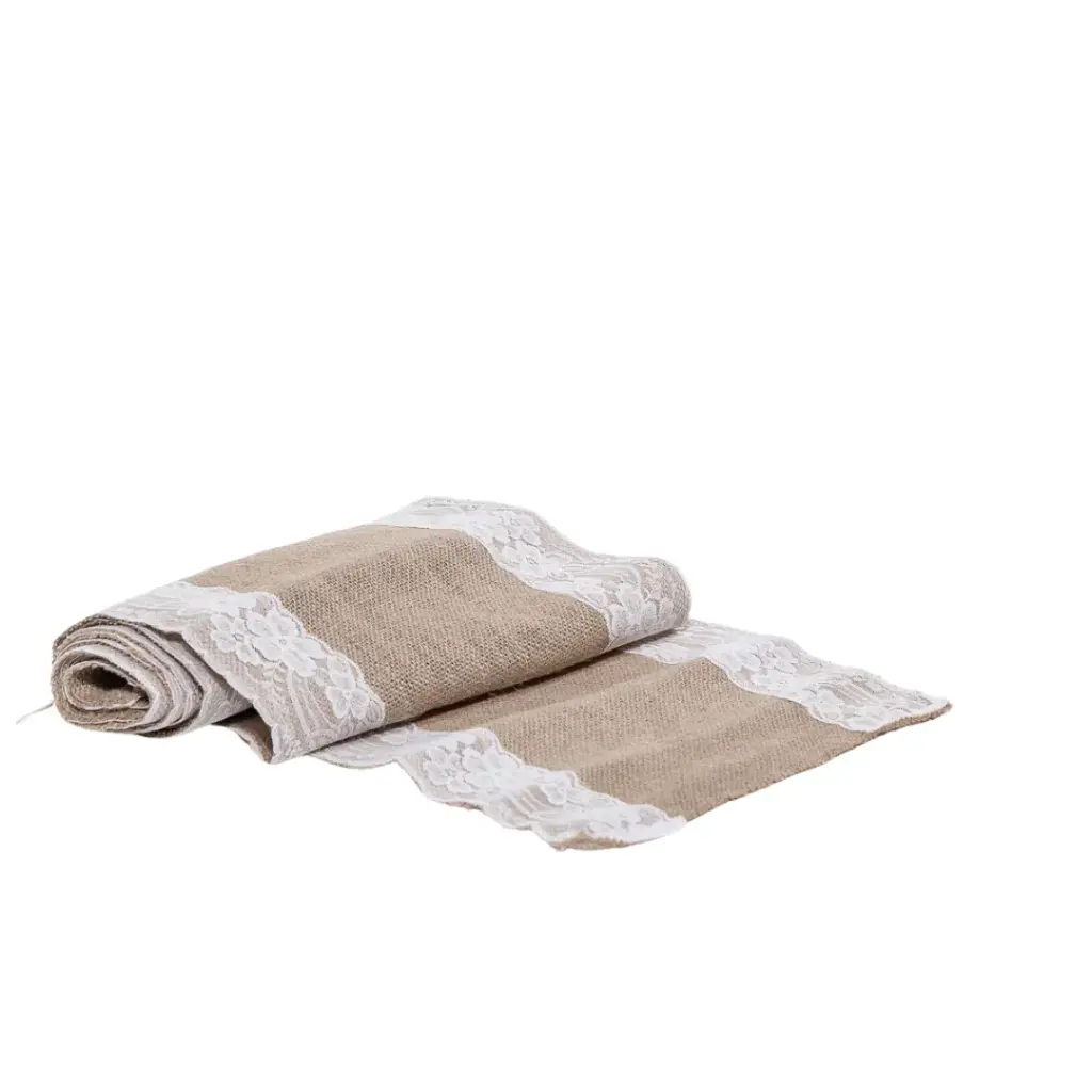 Location Chemin de table en jute avec brodure dentelle blanche