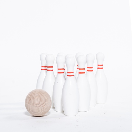 [J022] Location Jeu de quilles / bowling en bois (10 quilles blanches + 1 boule)