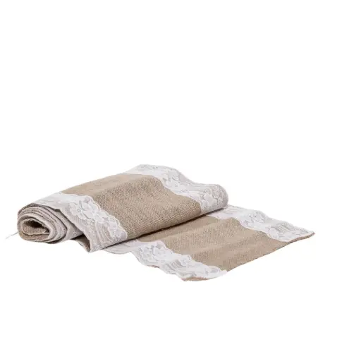 [N015] Location Chemin de table en jute avec brodure dentelle blanche